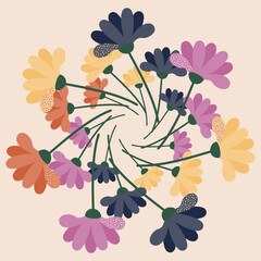 A wreath of stylized flowers in a flat style. Colorful plants. Vector illustration on a light background.
