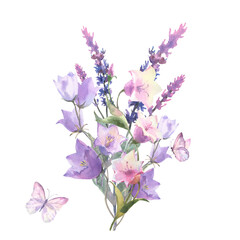 Watercolor botanical illustration, wild flowers bouquet with blue and pink Cornflower herb and and sage with violet butterflies, isolated on white background.