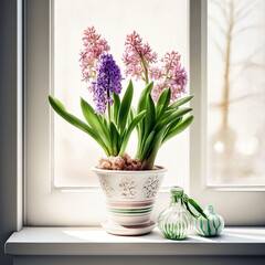 Spring hyacinths in a vase on a light background. AI generativ.