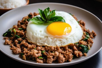 Thai Rice topped with stir-fried pork and basil,Generative AI Technology
