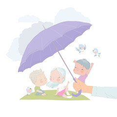 Cartoon Happy Kids enjoying under Big Umbrella
