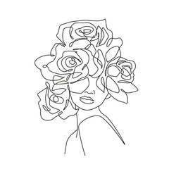 Abstract Woman Head with Flowers Line Art Vector Drawing. Style Template with Female Face with Flowers in Modern Minimalist Simple Linear Style. Floral Beauty Fashion Design 