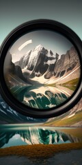 Lens filter on background of beautiful mountain landscape, concept of Photography and Nature, created with Generative AI technology