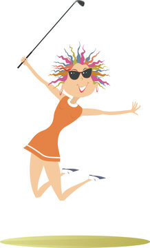 Happy golfer woman on the golf court. 
Jumping golfer woman happy to make a good shot

