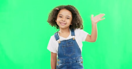 Face, wave and girl greeting, welcome and green screen with happiness, hello and carefree. Portrait, female child and young person with welcome, excited and joyful with hi, facial expression or smile