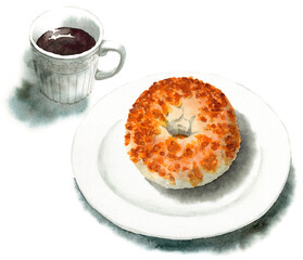 アナログ水彩チーズベーグルとコーヒーのセット