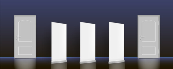 The interior of an empty dark room with a white banner and a door.
Free space for copying, 3d vector image.
