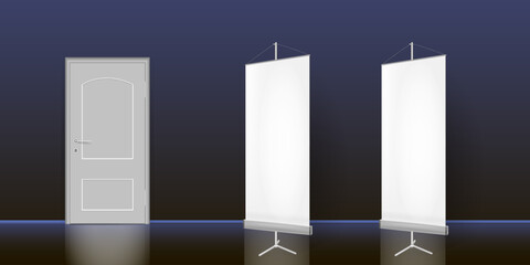 The interior of an empty dark room with a white banner and a door.
Free space for copying, 3d vector image.

