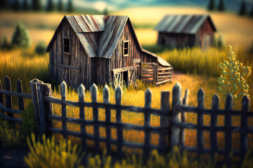 Weathered wooden fences and barns surrounded by fields of crops