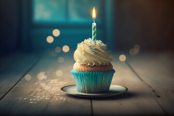 Tempting birthday cupcake with a flickering candle on light background.  Generative AI - obrazy, fototapety, plakaty