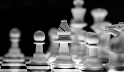 Close up of Chess pieces on a reflective mirror board surface wi