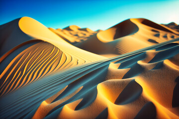 Fototapeta na wymiar Golden waves of sand undulating under a clear blue sky