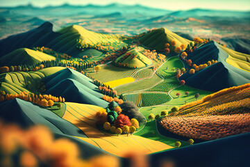 Gentle hills covered in a patchwork quilt of fields and forests - obrazy, fototapety, plakaty