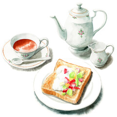 アナログ水彩フルーツを乗せたトーストとティーセット