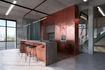Stylish modern kitchen interior with terracotta color accents