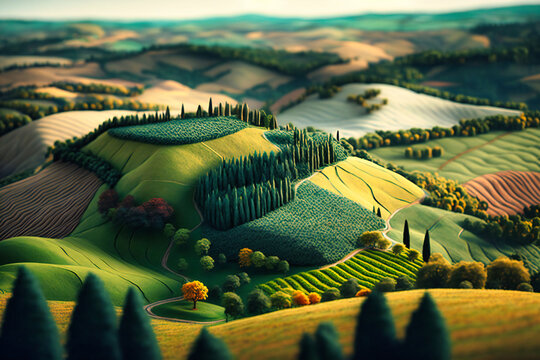 Gentle hills covered in a patchwork quilt of fields and forests