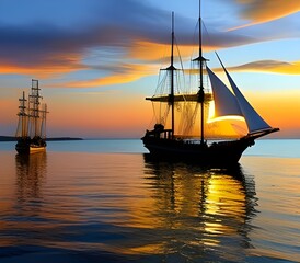 Fototapeta premium Two sailing ships at sunset. The golden hour on calm water. Generative AI.