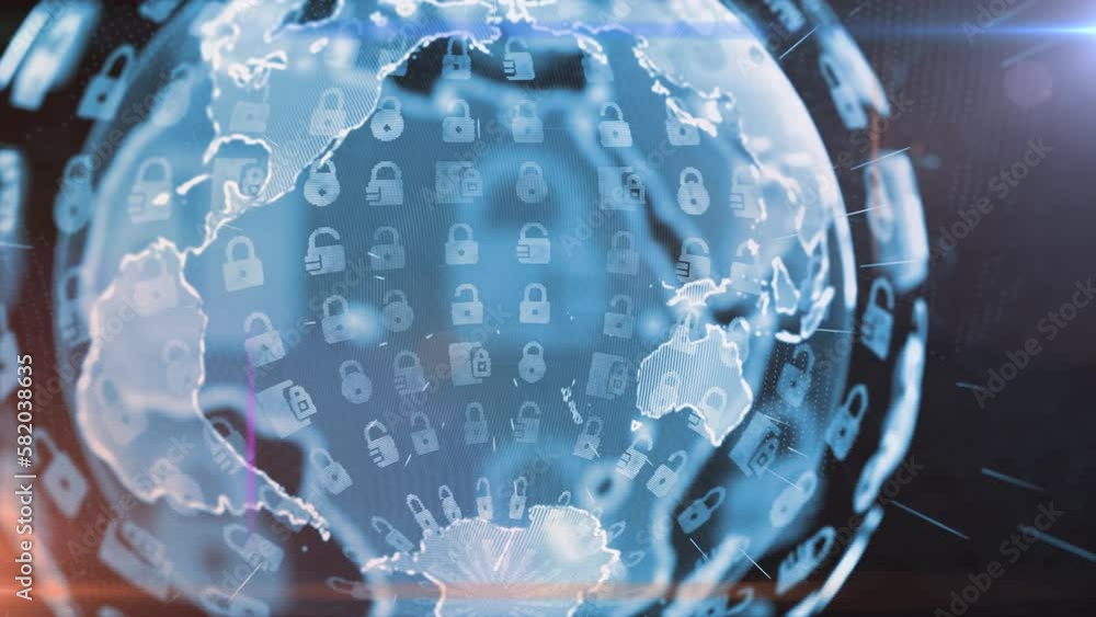 Aufkleber animation globe spin with digital security lock metaphor cyber futuristic data safe for internet tec