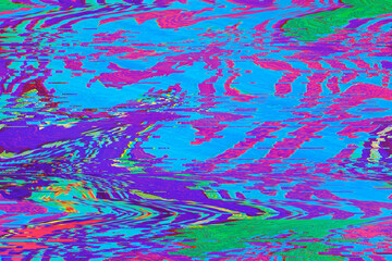 Digital Distorted with Motion glitch effect Abstract purple pink green neon rainbow wavy background. Interlaced Futuristic striped glitched cyberpunk design, Retro rave 90s, 2000s new wave bold colors
