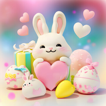 Cute Easter bunny among painted Easter eggs holding a heart. Generative Ai illustration