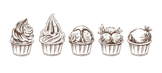 A hand-drawn sketch of  ice cream balls, frozen yoghurt or cupcakes in cups. Set. Vintage illustration. Element for the design of labels, packaging and postcards.
