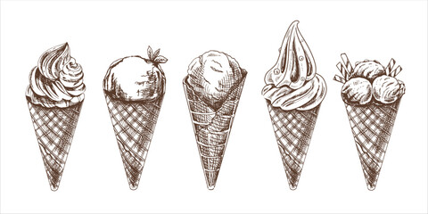 A hand-drawn sketch of a waffle cones with ice cream or frozen yoghurt. Vintage illustration. Set. Element for the design of labels, packaging and postcards.