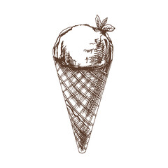 A hand-drawn sketch of a waffle cone with ice cream. Vintage illustration. Element for the design of labels, packaging and postcards.