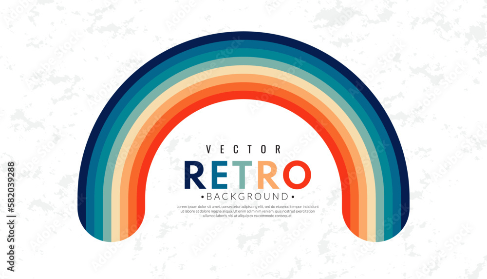Poster abstract minimalist retro background with colorful rainbow stripes elements. 70s lines on white back