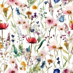 Floral watercolor pattern with spring flowers and herbs