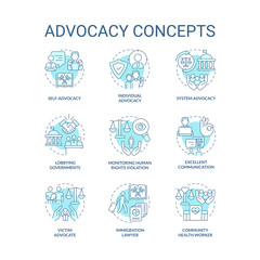Advocacy turquoise concept icons set. Support during court hearing. Attorney service idea thin line color illustrations. Isolated symbols. Editable stroke. Roboto-Medium, Myriad Pro-Bold fonts used