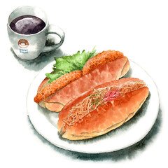 水彩ロールサンドとコーヒー