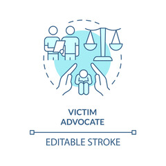 Victim advocate turquoise concept icon. Professional attorney. Career in advocacy abstract idea thin line illustration. Isolated outline drawing. Editable stroke. Arial, Myriad Pro-Bold fonts used