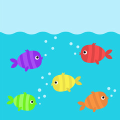 Fototapeta na wymiar Fish set swim under water. Cute kawaii cartoon funny baby character. Marine life. Bubbles. Colorful aquarium sea ocean animals. Kids collection. Isolated. White background. Flat design.
