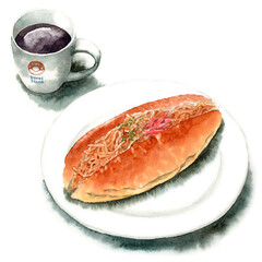 水彩やきそばロールパンとコーヒー