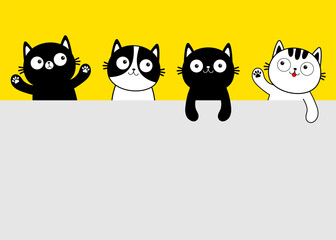 Cat head face line contour icon set. White black doodle kitten. Funny kawaii smiling sad pet animal. Cute cartoon funny character. Paw print. Different emotions. Flat design Yellow background