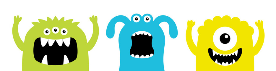 Monster face head icon set line. Happy Halloween. Cute kawaii cartoon colorful scary character. Eyes, horns, fang teeth, hands up. Funny baby collection. Flat design. White background