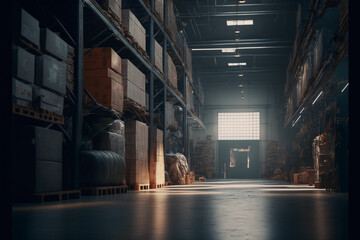 Plakat Warehouse or storage and shelves with cardboard boxes. Industrial background created with Generative AI technology.