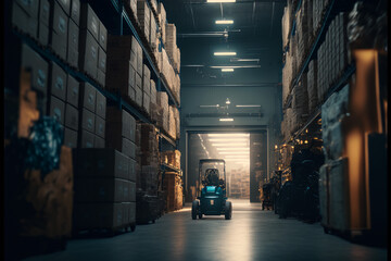 Fototapeta na wymiar Warehouse concept. Forklift between rows in a large warehouse created with Generative AI technology.