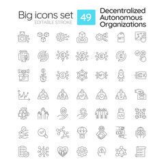 Decentralized autonomous organizations linear icons set. Internet technology in business. Innovations. Customizable thin line symbols. Isolated vector outline illustrations. Editable stroke
