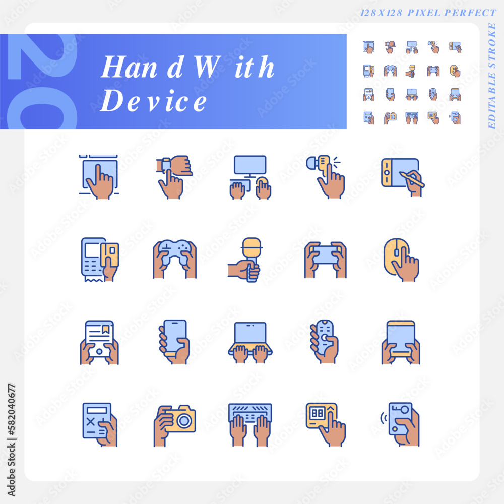 Poster black hands with devices pixel perfect rgb color icons set. user with electronic gadgets. digital te