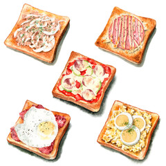 アナログ水彩オープンサンドトースト5種類