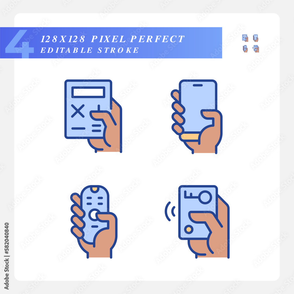 Poster black hands with mobile devices pixel perfect rgb color icons set. appliances for communication. iso