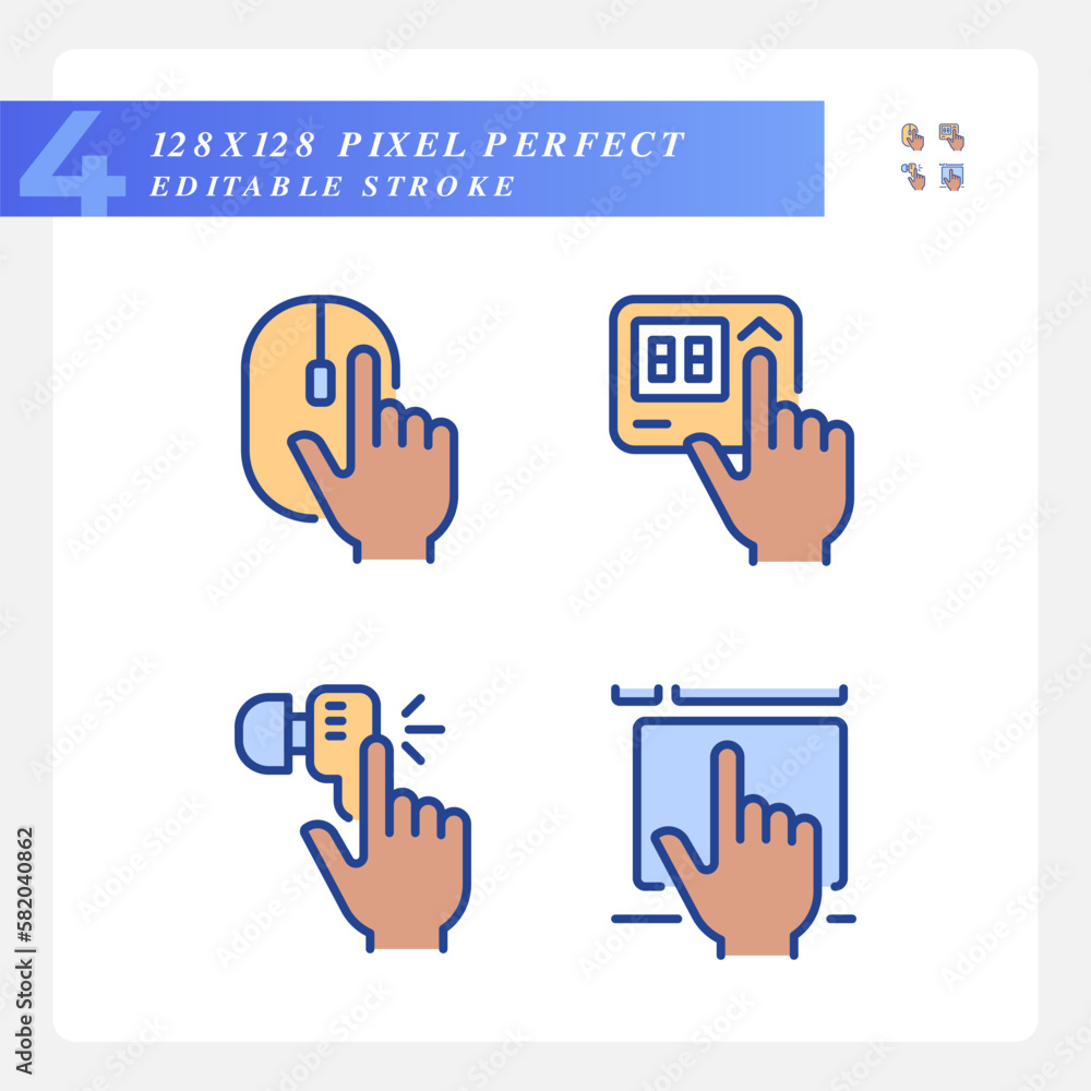 Poster black hands pressing keys on devices pixel perfect rgb color icons set. electronic gadgets usage. is
