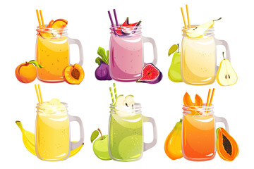 A set of smoothies.Banana, pear, apple, papaya, fig, peach smoothies in glass jars.Fresh fruit cocktail.Vector illustration.