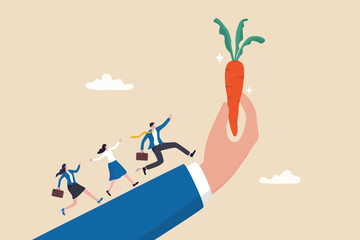 Incentive, reward or bonus to motivate employee on hard working to reach success, company benefit, job promotion or employee program concept, business people run on giant hand to grab carrot stick. - obrazy, fototapety, plakaty