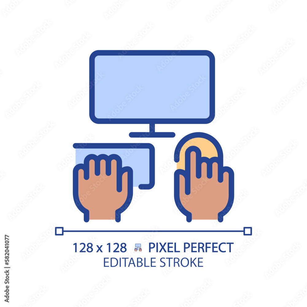 Poster black hands with computer pixel perfect rgb color icon. person working on pc. electronic equipment f