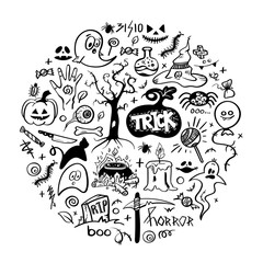 Vector hand drawn background. Set Halloween pictures in doodle style. Line art illustrations