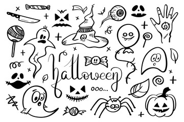 Vector hand drawn background. Set Halloween pictures in doodle style. Line art illustrations