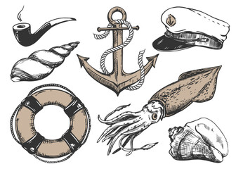 Elements of the life of a sea fisherman. Anchor with a rope, captain's cap, smoking pipe, life buoy, squid, sea clams. Vector illustration in vintage style, engraving effect. © Tata Pilip