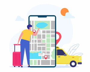 Man near smartphone screen with points location on a city map, online taxi booking services.